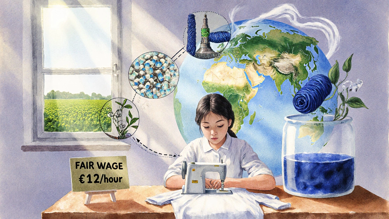 A seamstress sewing a shirt in sunlight, with transparent images showing sustainable fabric journey.