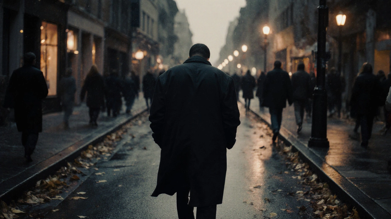 A solitary figure walking alone down a quiet street at dusk, head down.