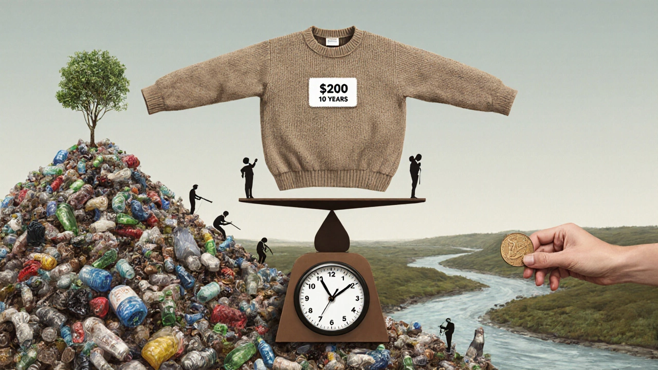 A sustainable sweater balancing against fast fashion waste on a scale, with a clock and coin nearby.