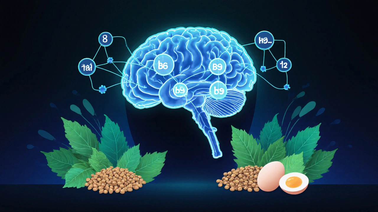Brain illustration showing B vitamins supporting emotional regulation centers