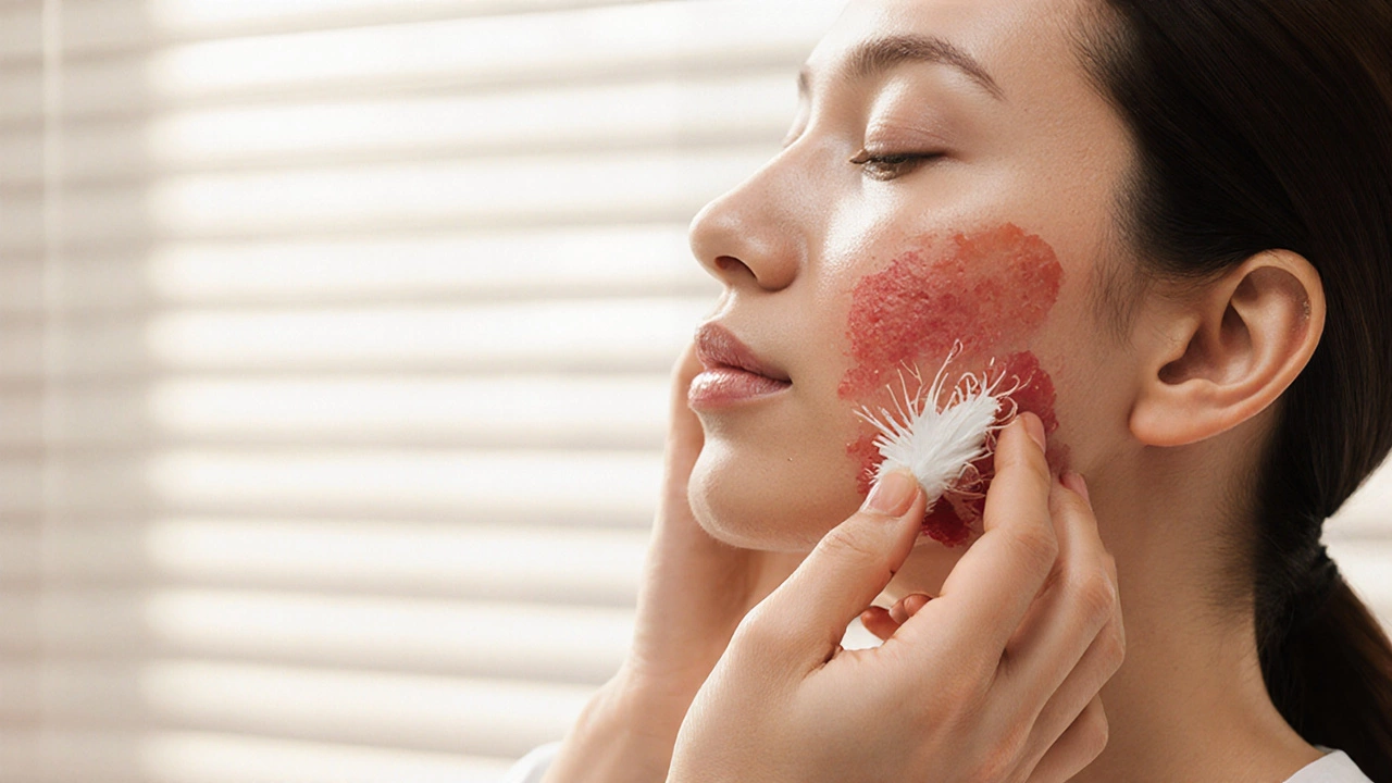Dermatologist applying La Mer cream to red, irritated skin in a calm clinical setting.