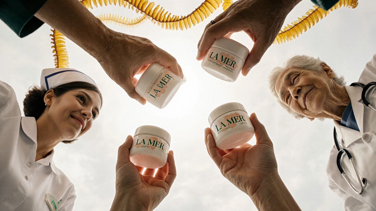 Diverse hands holding La Mer jars surrounded by floating ocean kelp in golden light.