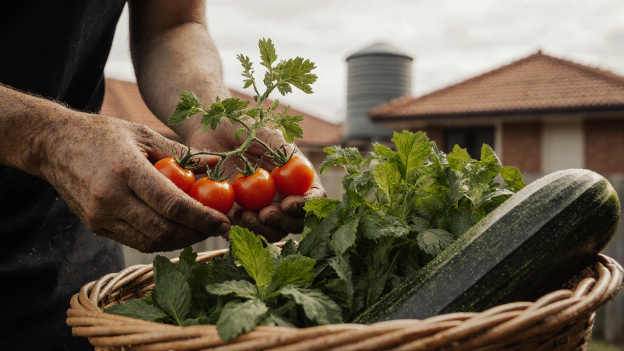 Hands harvesting fresh cherry tomatoes and herbs from a garden bed with mulched soil and a rainwater tank in the background.