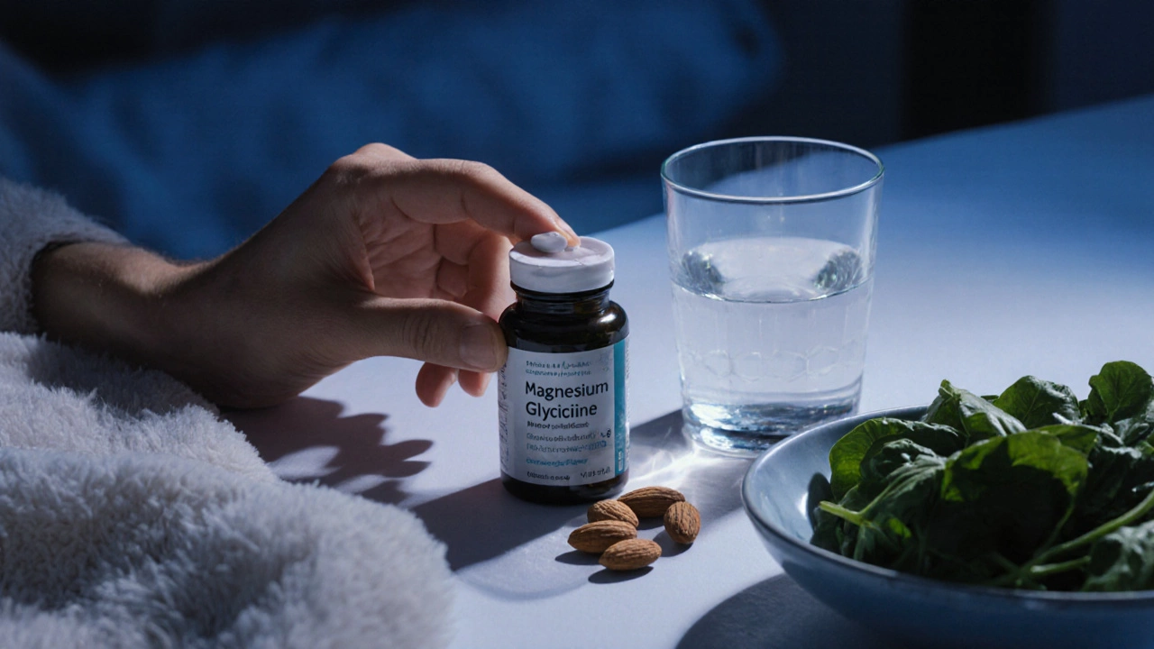 Magnesium capsule beside bed with almonds and spinach in moonlight