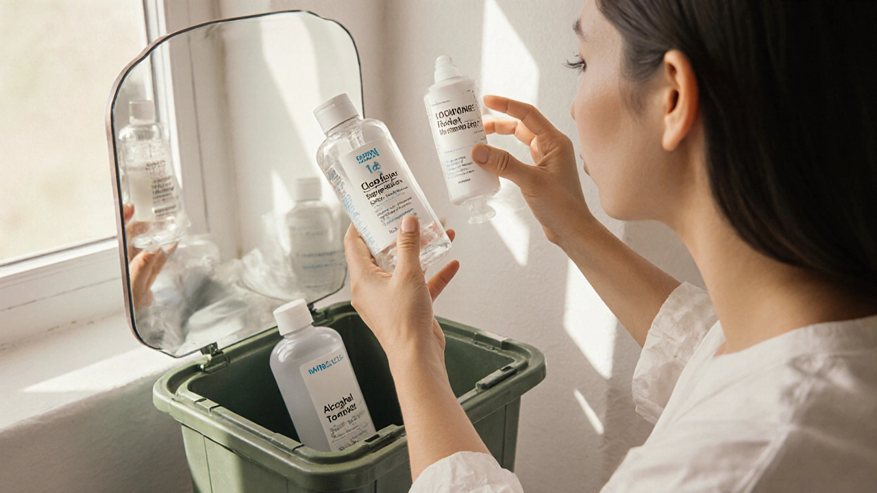 Person recycling alcohol-based toner while holding cleanser and moisturizer, clear skin reflected in mirror.