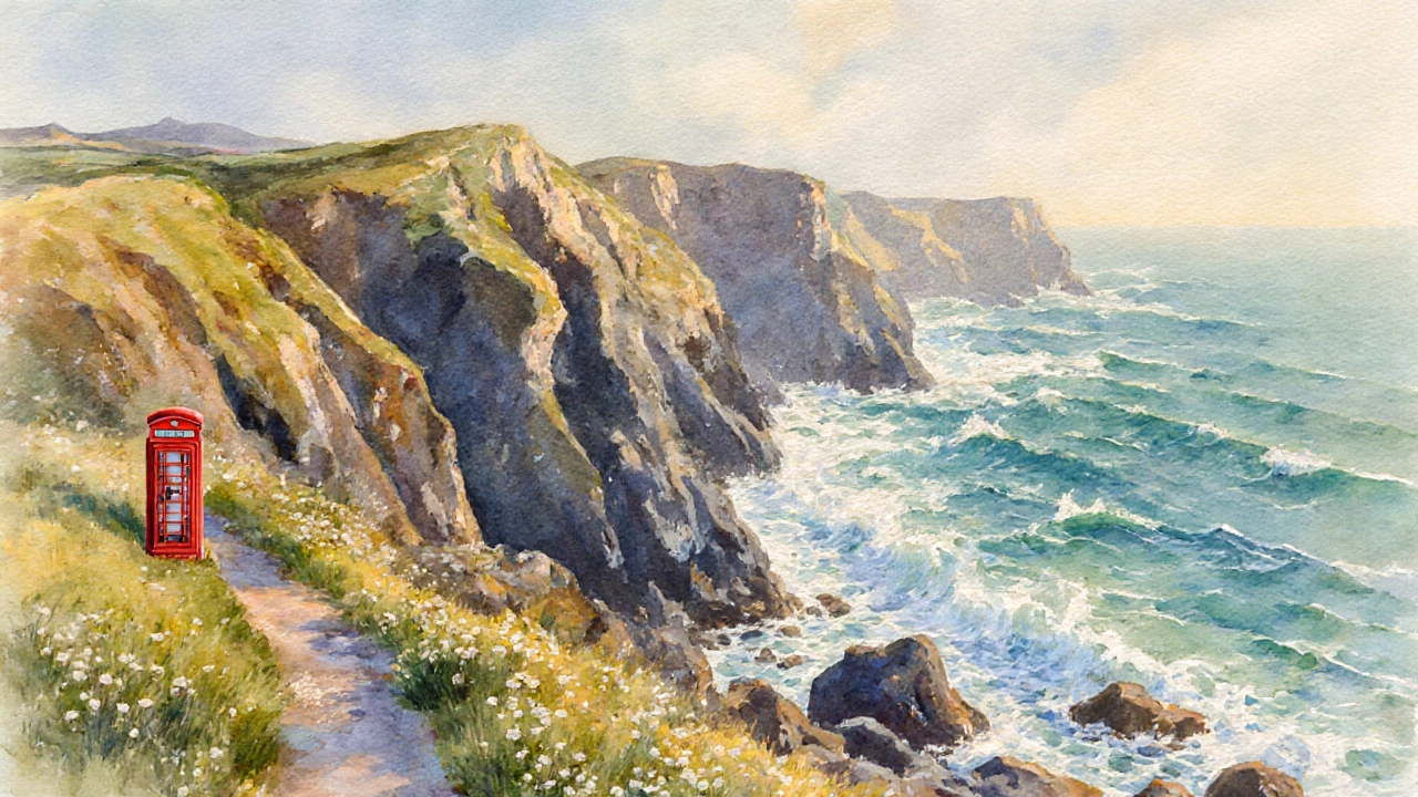 Rugged cliffs meet turquoise waves on the Cornish coast, with a winding path and wildflowers under golden light.