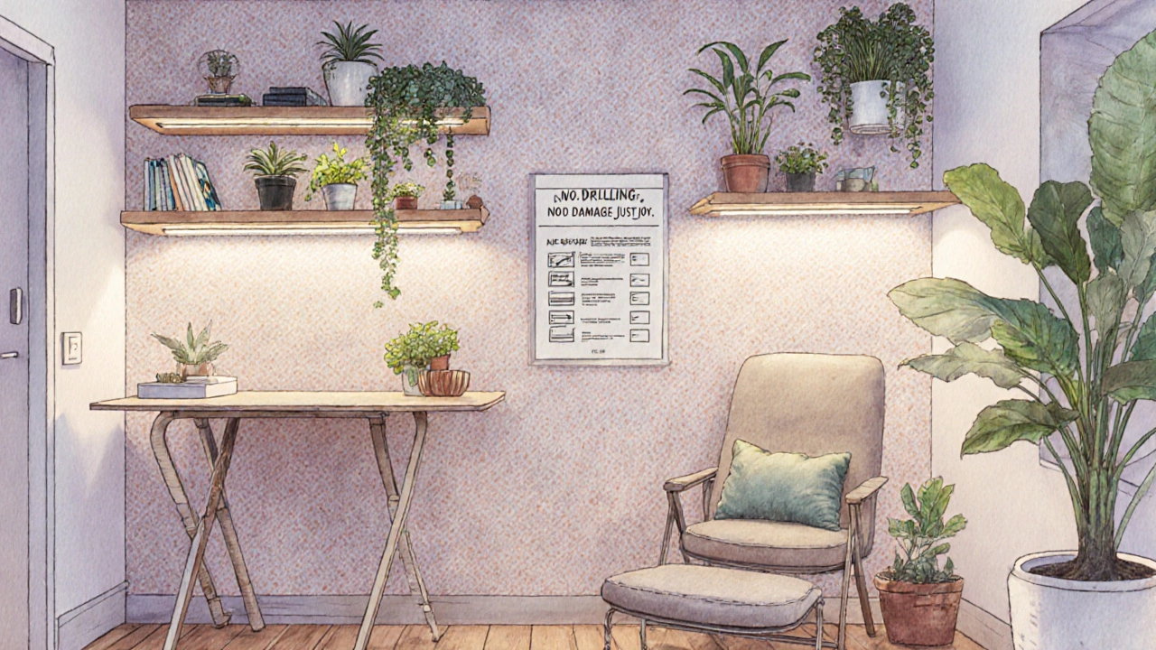 Small Sydney apartment with removable wallpaper, LED strips, and stackable furniture for renters.