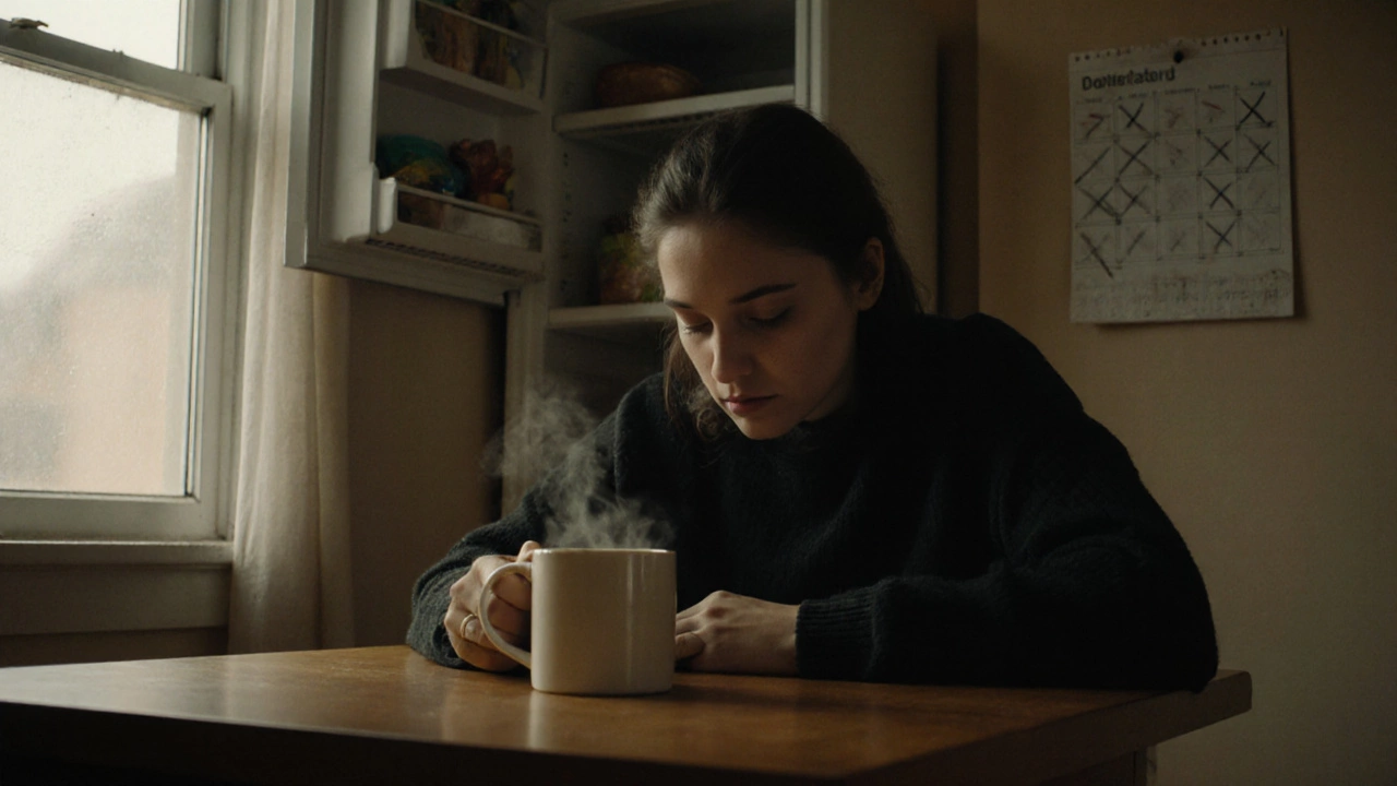 Someone sitting at a kitchen table staring at an untouched coffee mug.
