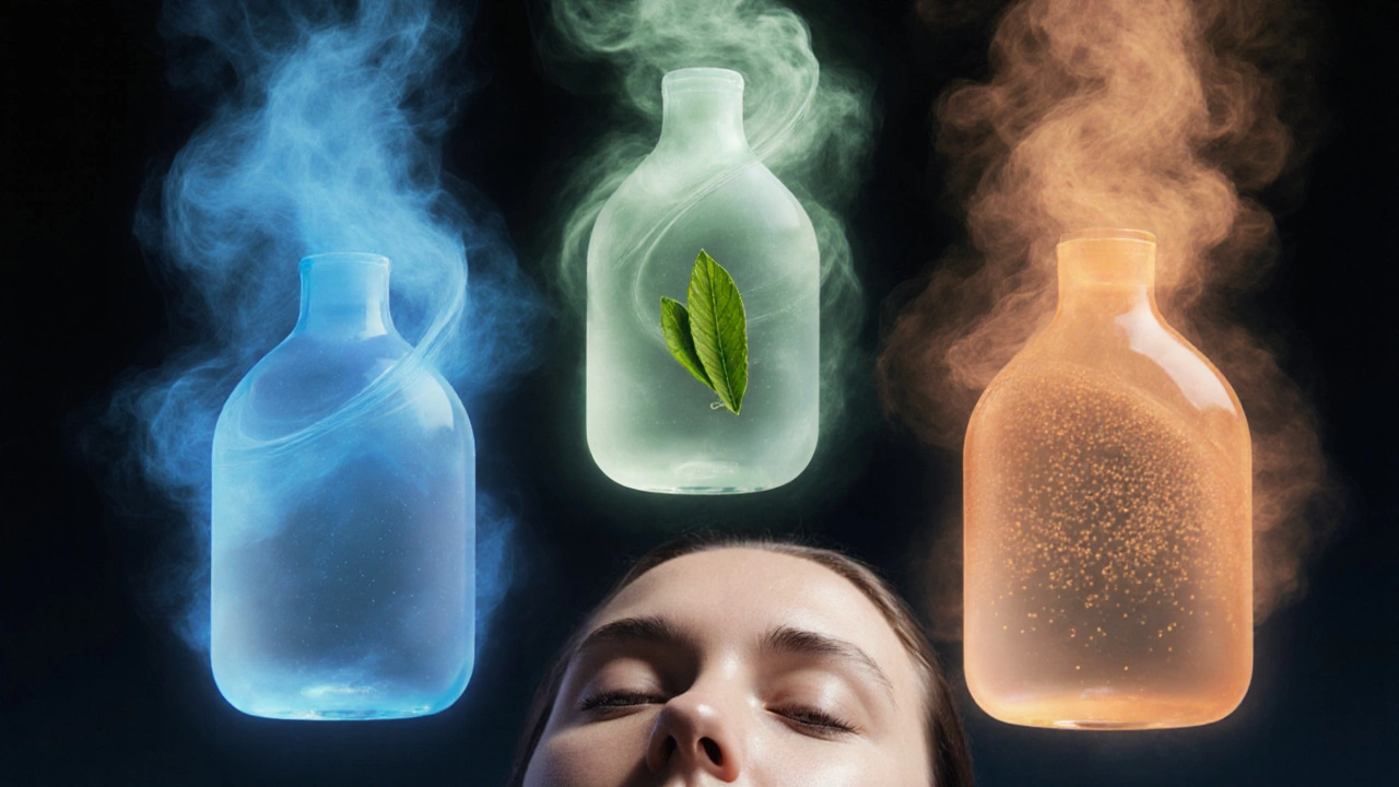 Three abstract liquid forms representing hydrating, soothing, and exfoliating toners above a calm face.