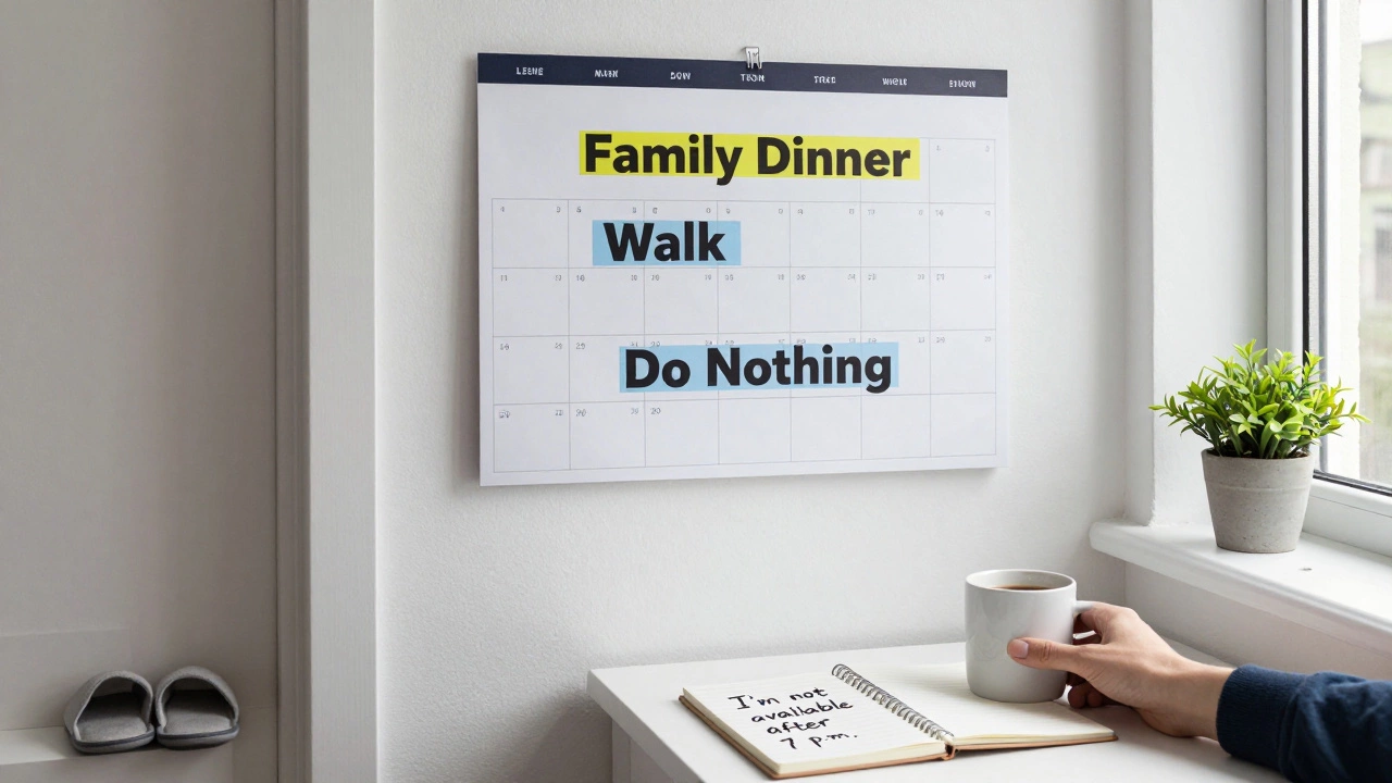 A calendar with labeled personal time blocks and slippers by the door, symbolizing daily boundaries for work-life balance.