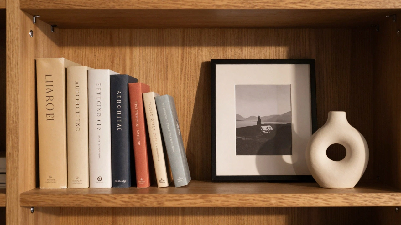 A curated bookshelf with five color-coordinated books, a photo, and a ceramic sculpture, no clutter.