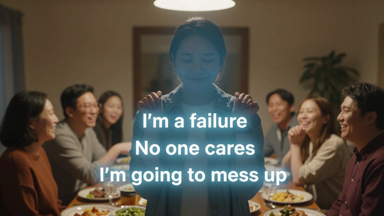 A person at a family dinner, smiling outwardly but emotionally isolated by negative thoughts.