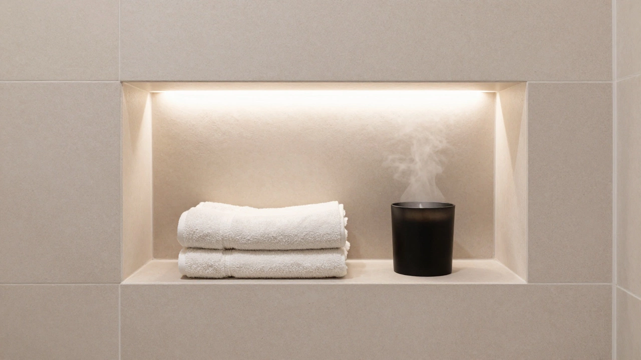 A recessed bathroom niche with folded towels and a candle, lit softly, no steam or clutter visible.
