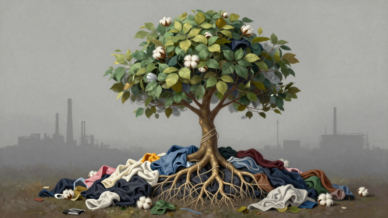A tree growing from a pile of discarded clothing with factory in background.