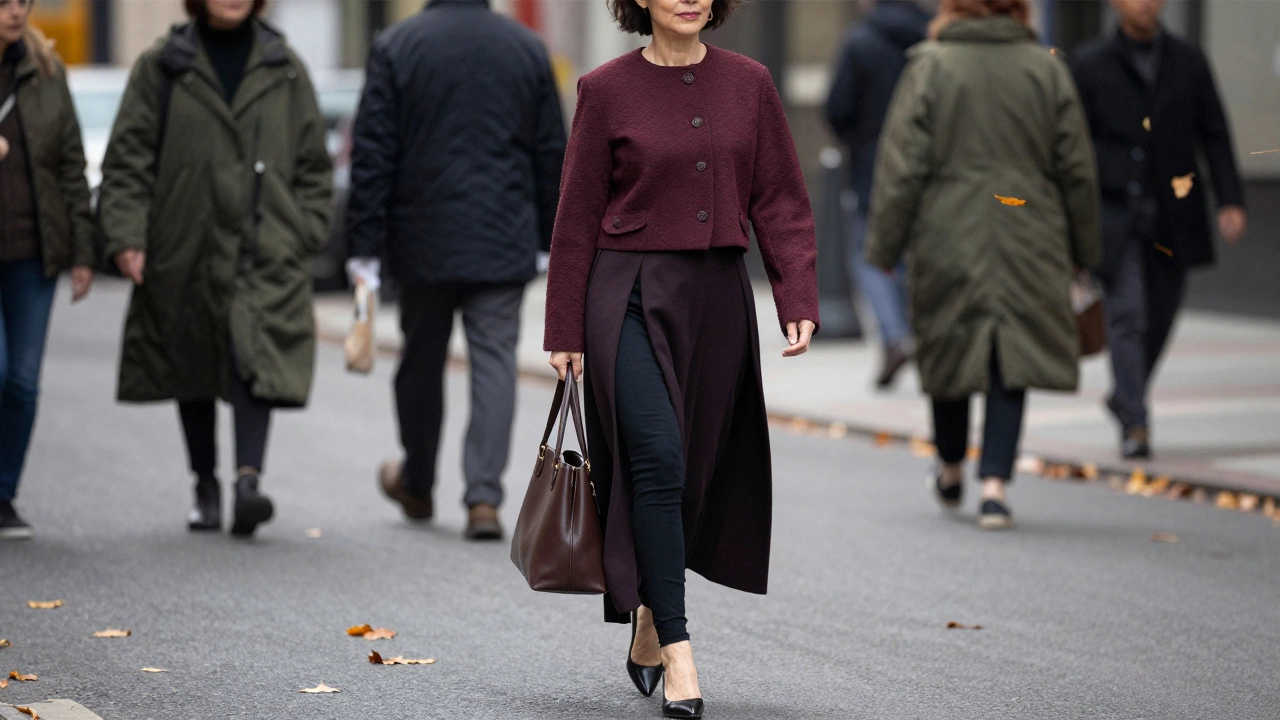 A woman in her 60s walks confidently through autumn streets in a cropped jacket and leggings, exuding timeless style.