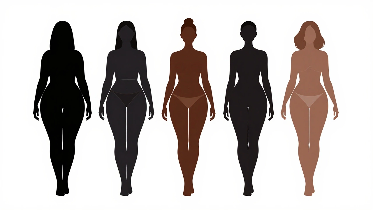 Five elegant silhouettes illustrating different body types with proportion highlights.