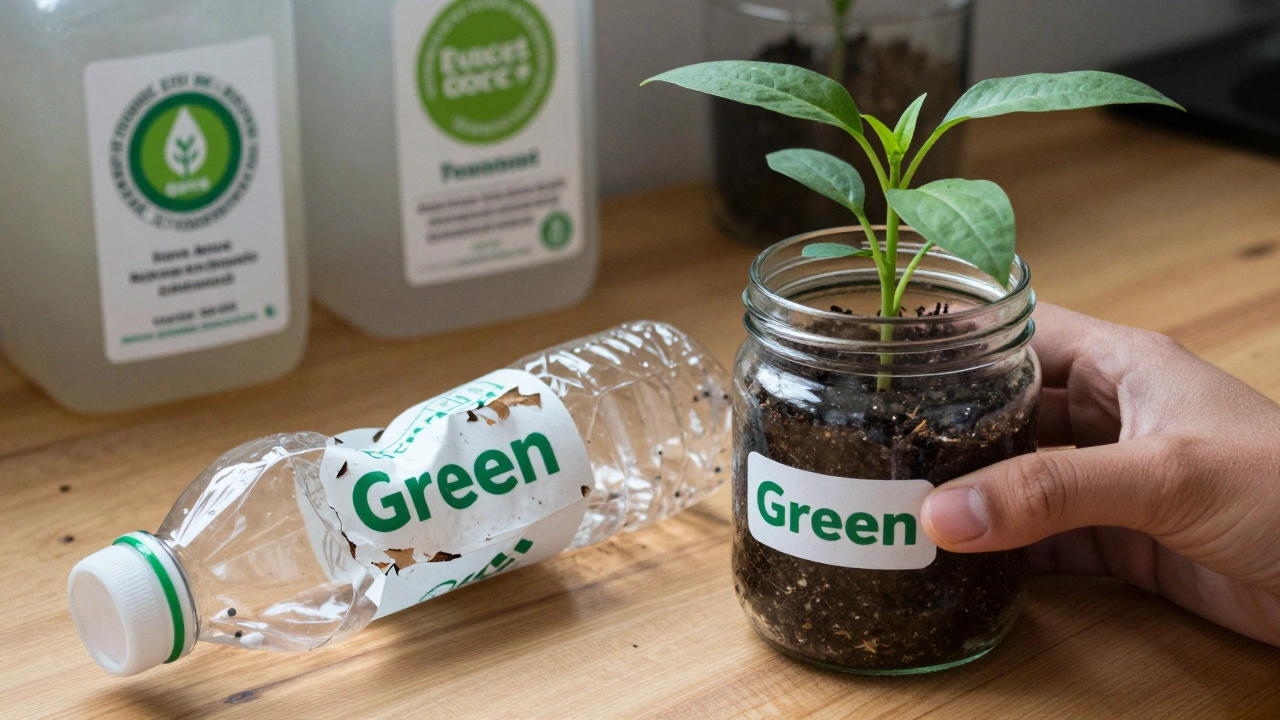 Hand holding a plant in soil beside a peeling &#039;green&#039; plastic bottle and certified eco-labels on counter.