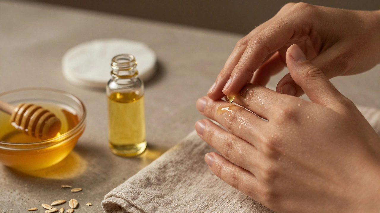 Hand massaging oil onto face with honey and oatmeal nearby in warm evening light.