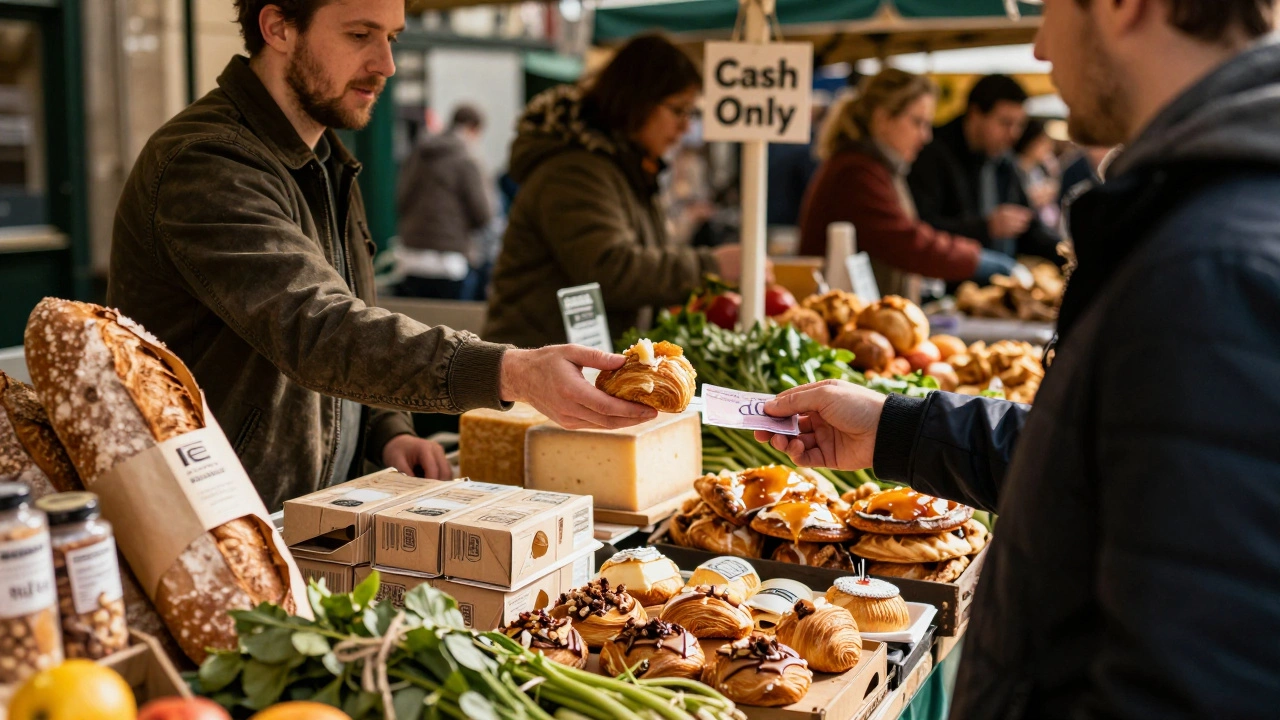 Market vendor handing pastry to customer paying with cash at Borough Market