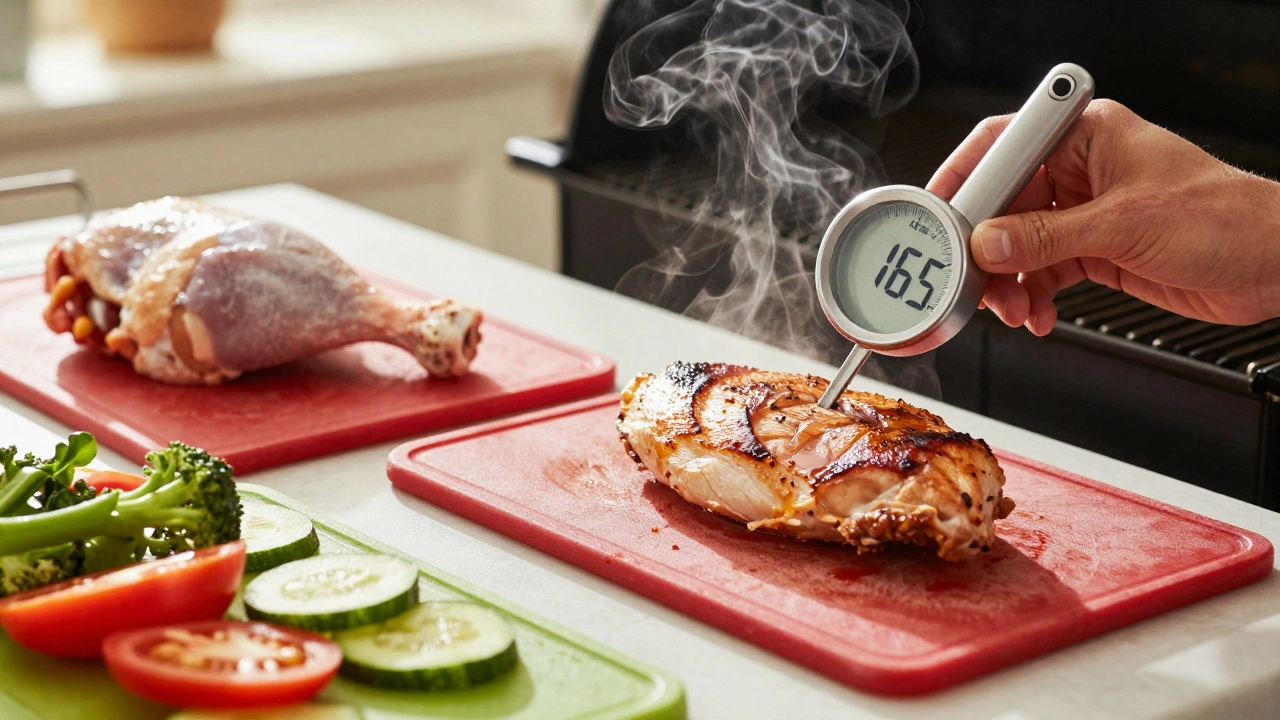 Meat thermometer showing 165°F in grilled chicken with separate cutting boards.