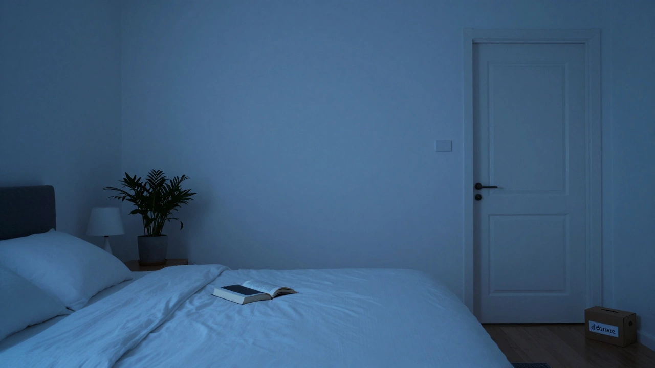 Peaceful bedroom with minimal items and a donate box by the door at dusk.
