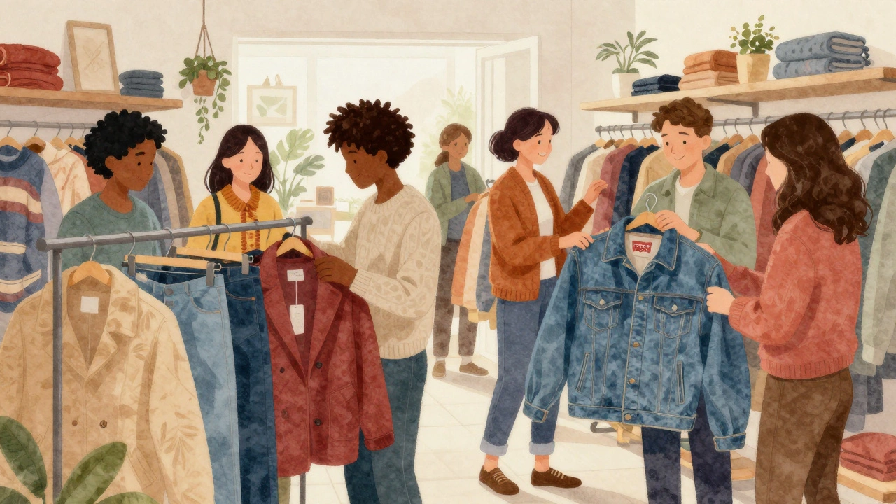 People browsing secondhand clothes in a sunlit thrift store.