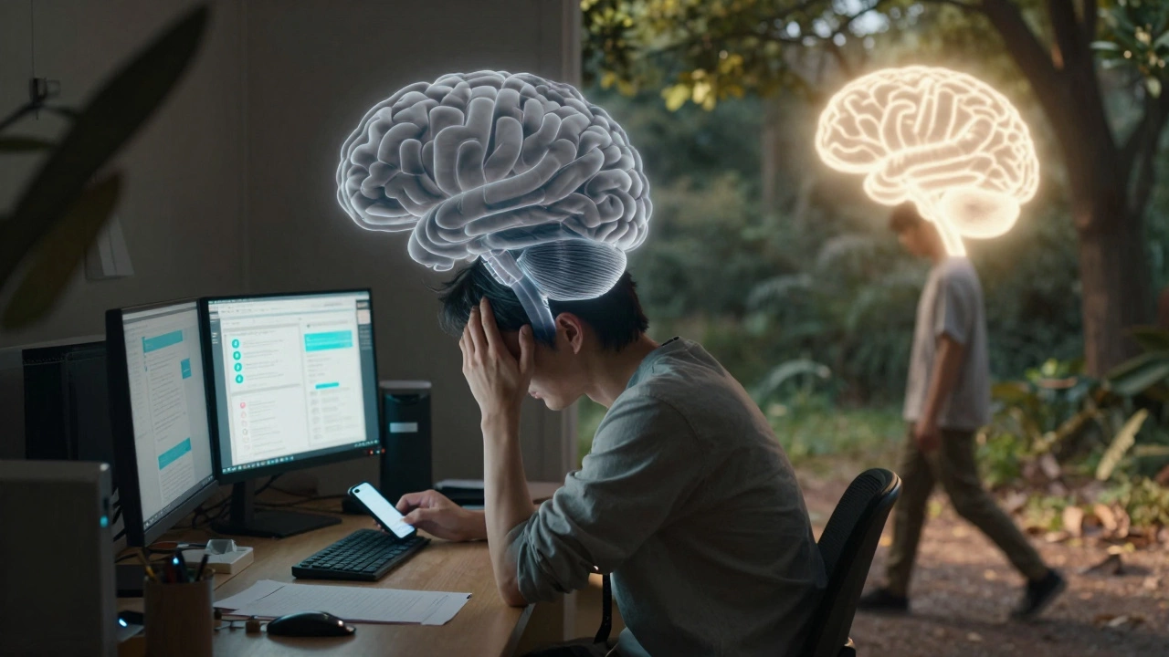 Person overwhelmed by digital distractions versus calm walk in nature, brain activity contrasted.