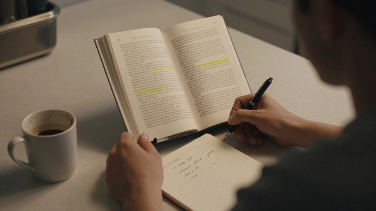 Person writing at a kitchen table with an open self-help book.