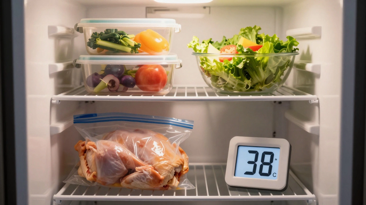 Refrigerator organized with raw meat on bottom shelf and meal containers above.