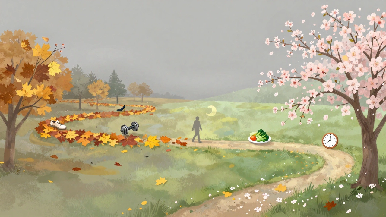 Seasonal timeline path showing weight loss over five months with icons