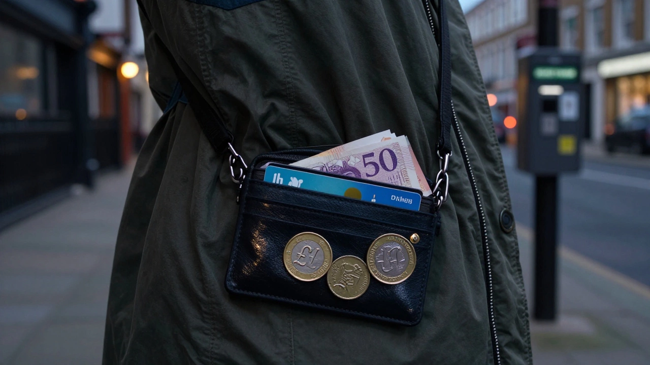 Secure money belt with card and cash in London alley at dusk