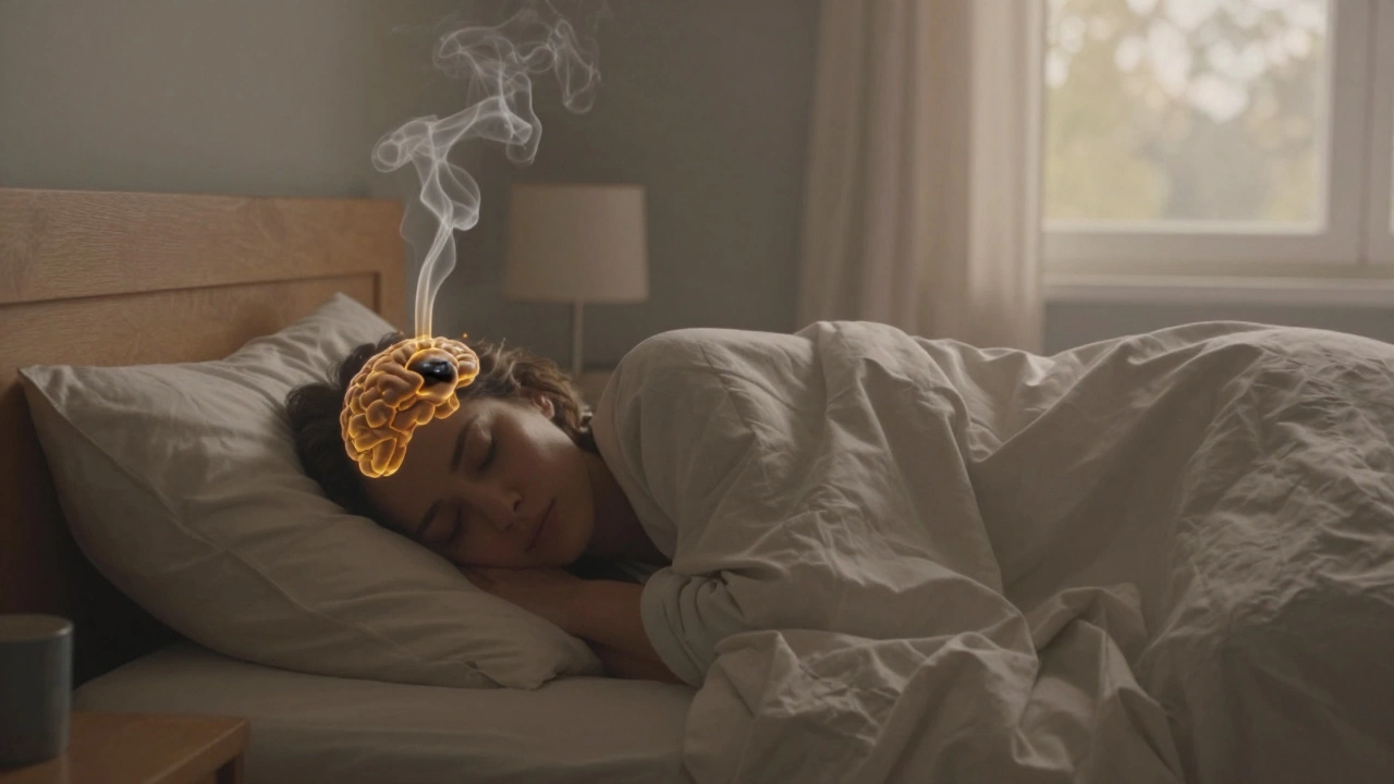 Sleeping person with golden streams cleansing brain toxins during deep rest.