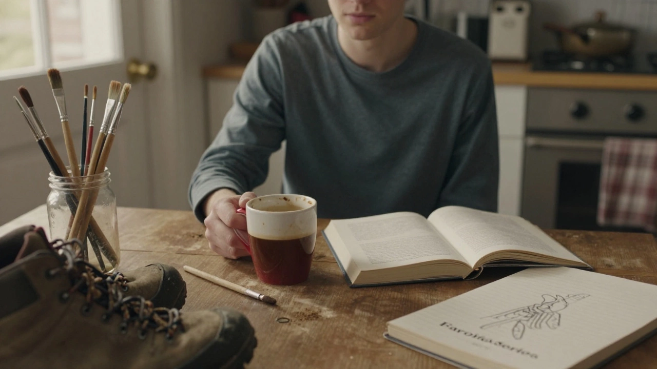 Someone sitting alone at a table, ignoring hobbies they once loved, in a quiet kitchen.