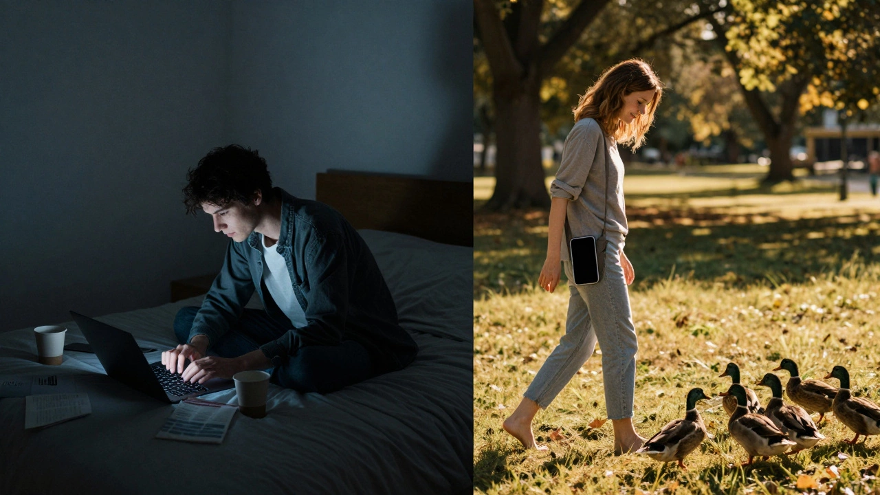 Split scene: one side shows someone working late at night, the other shows the same person walking in sunlight, phone away, enjoying nature.