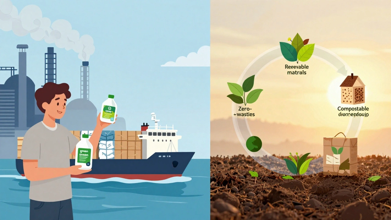 Split-screen showing greenwashing on left and true eco-friendly lifecycle on right with symbolic visuals.