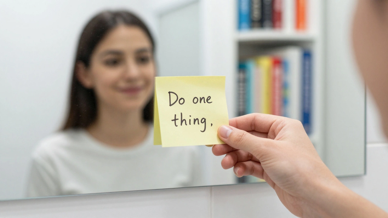 Sticky note on a mirror with a reflection of someone smiling.