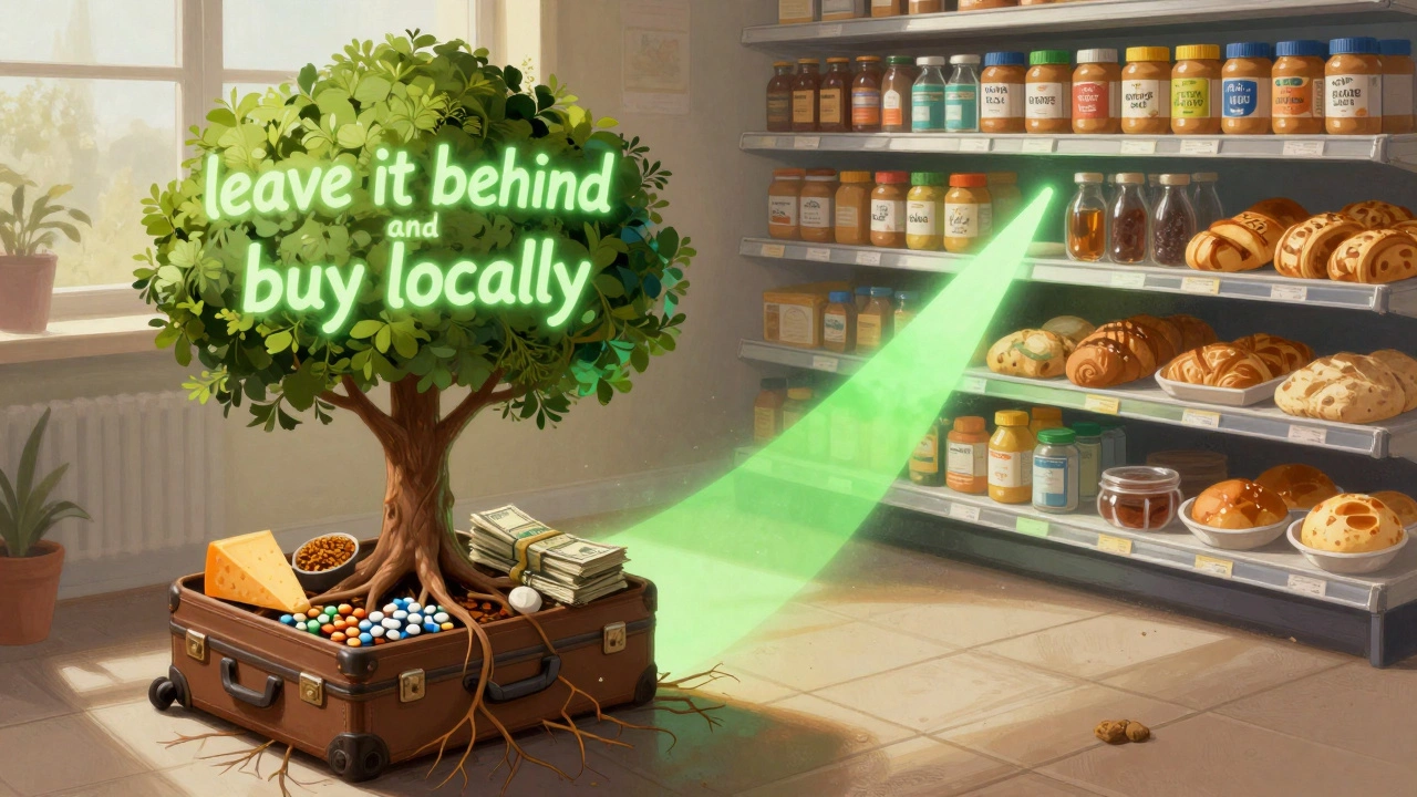 Suitcase turning into a tree with banned items as roots, leading to UK supermarket shelves with allowed goods.