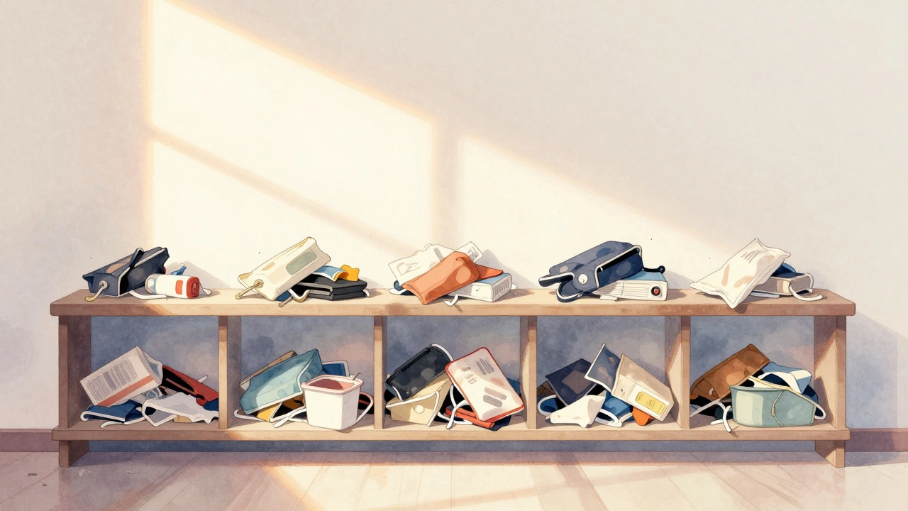 Weekly progression of clutter being removed from a shelf with soft watercolor style.