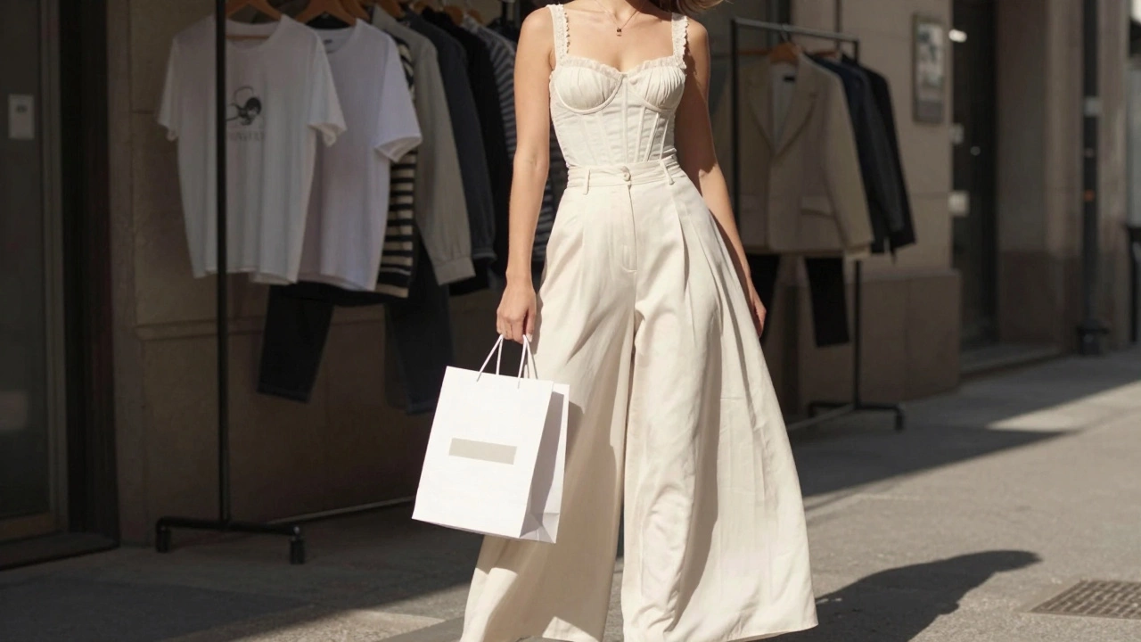 Woman confidently wearing a flattering dress and wide-leg pants in a sunlit alley.