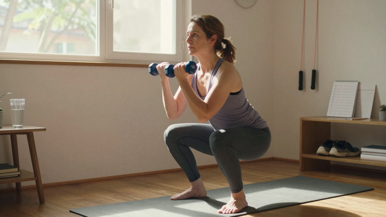 Woman doing squats at home on yoga mat with dumbbells and jump rope nearby
