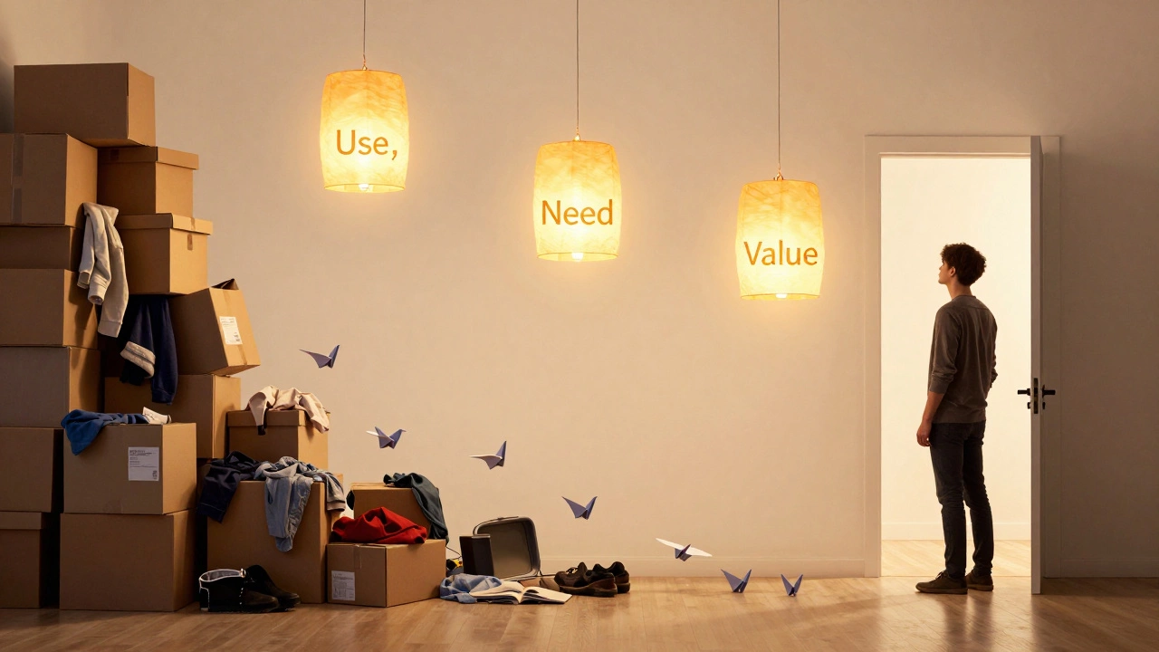 A person watching clutter float away as three glowing words hang in the air.