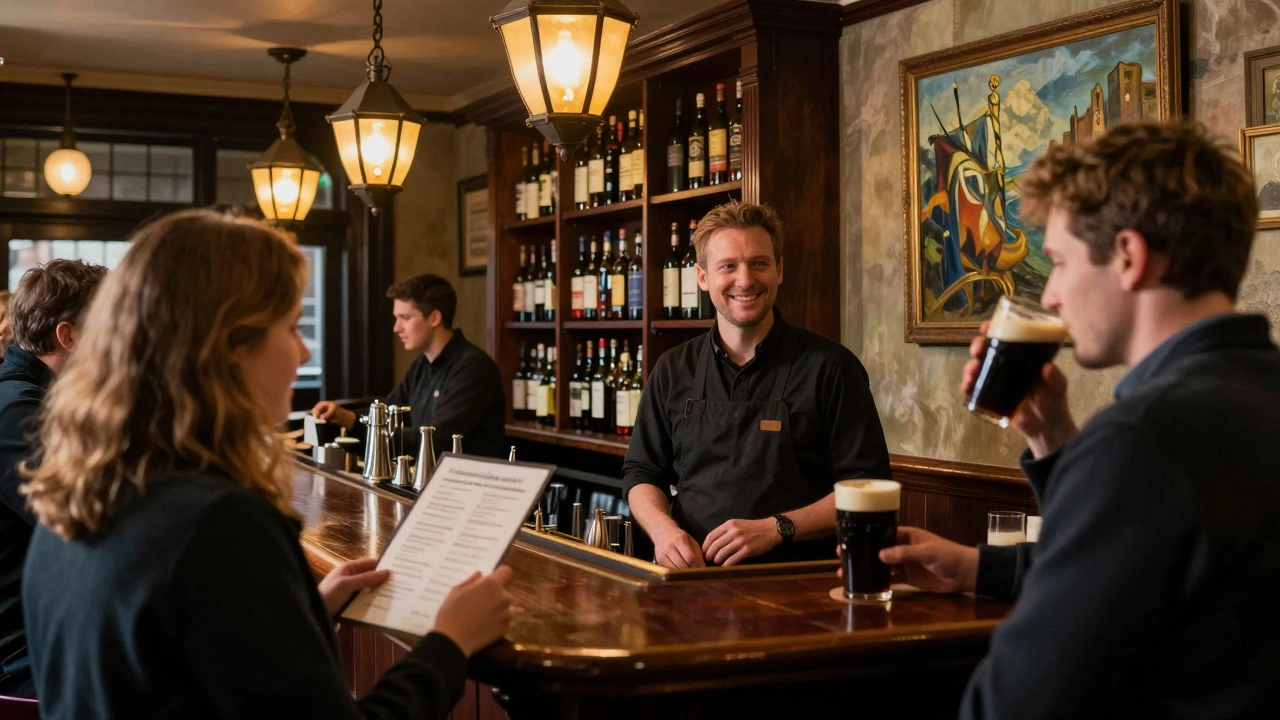 A tourist ordering at a pub bar in Edinburgh while locals sip pints nearby.