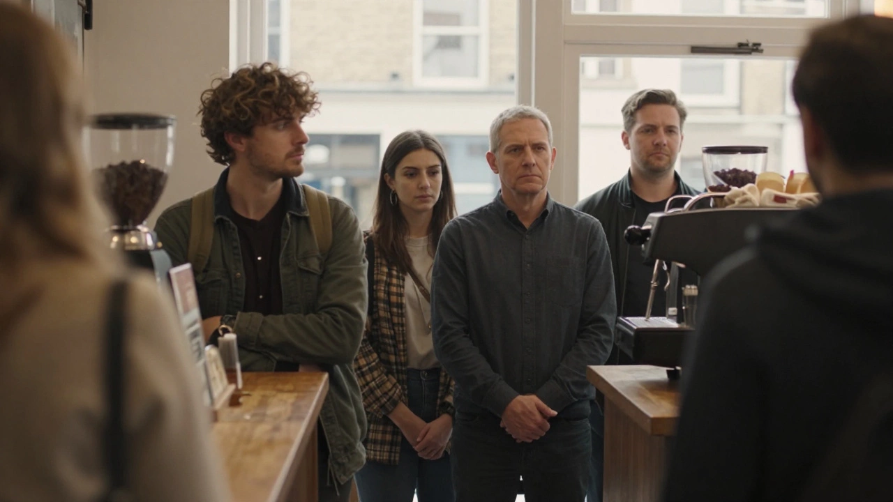 A tourist trying to cut a line at a London coffee shop, met with silent disapproval from waiting locals.