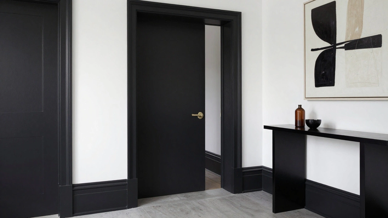 Charcoal black baseboards contrasting with white walls in a sleek entryway.