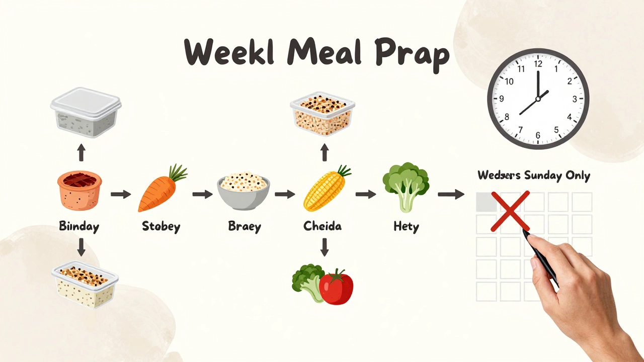 Flexible meal prep schedule with icons for proteins, grains, and veggies on Sunday and Wednesday.