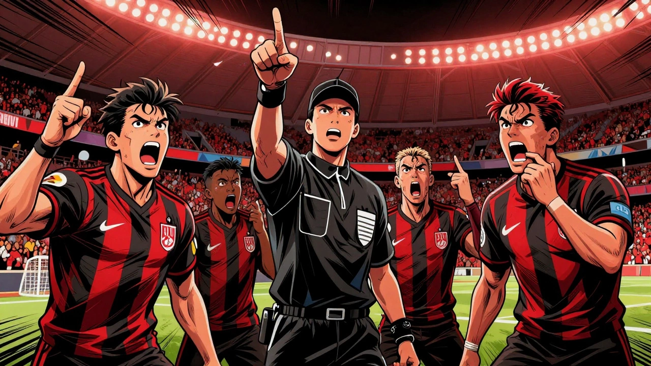 Football fan giving offensive V-sign to referee in crowded stadium under dramatic lighting.