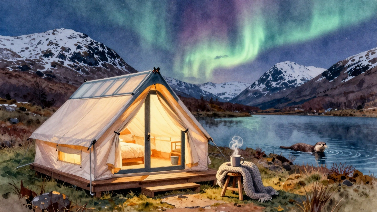 Glamping pod with glowing windows in Scottish Highlands at dusk, aurora overhead, otter in loch.