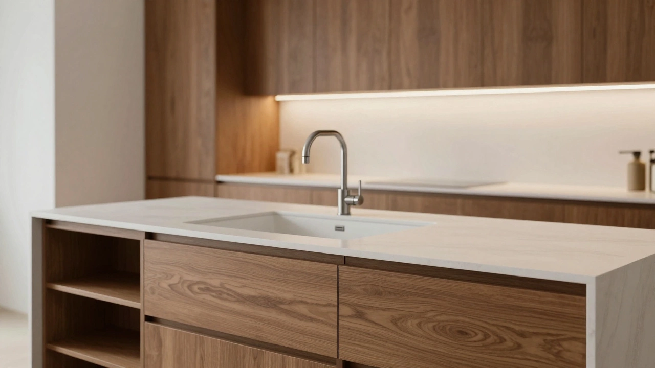 Kitchen island with linear LED lighting and hidden-drawer storage, no open shelves or bulky sink.