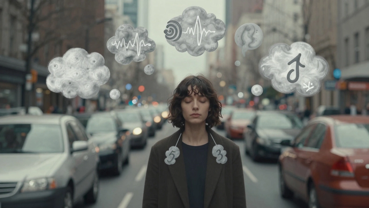 Person grounding themselves in traffic using the 5-4-3-2-1 technique with abstract sensory elements.