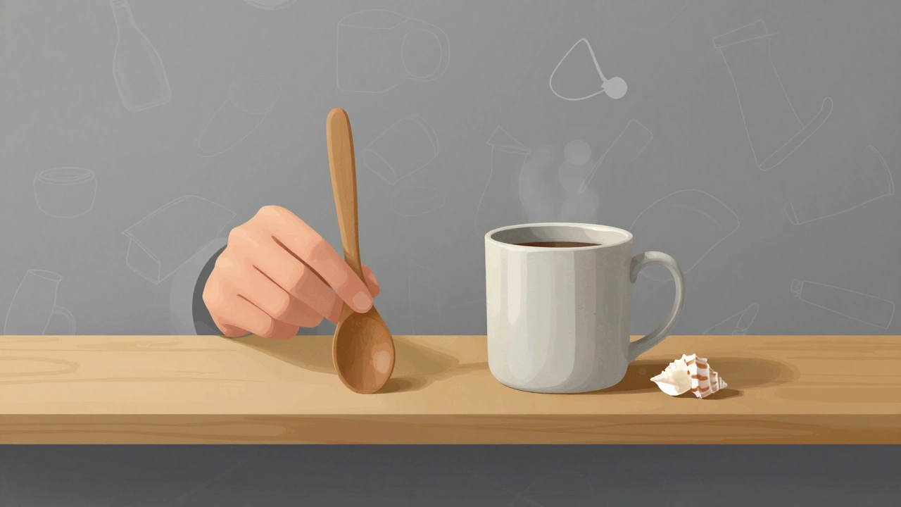 Person holding three meaningful items on a clean shelf, other objects fading away.